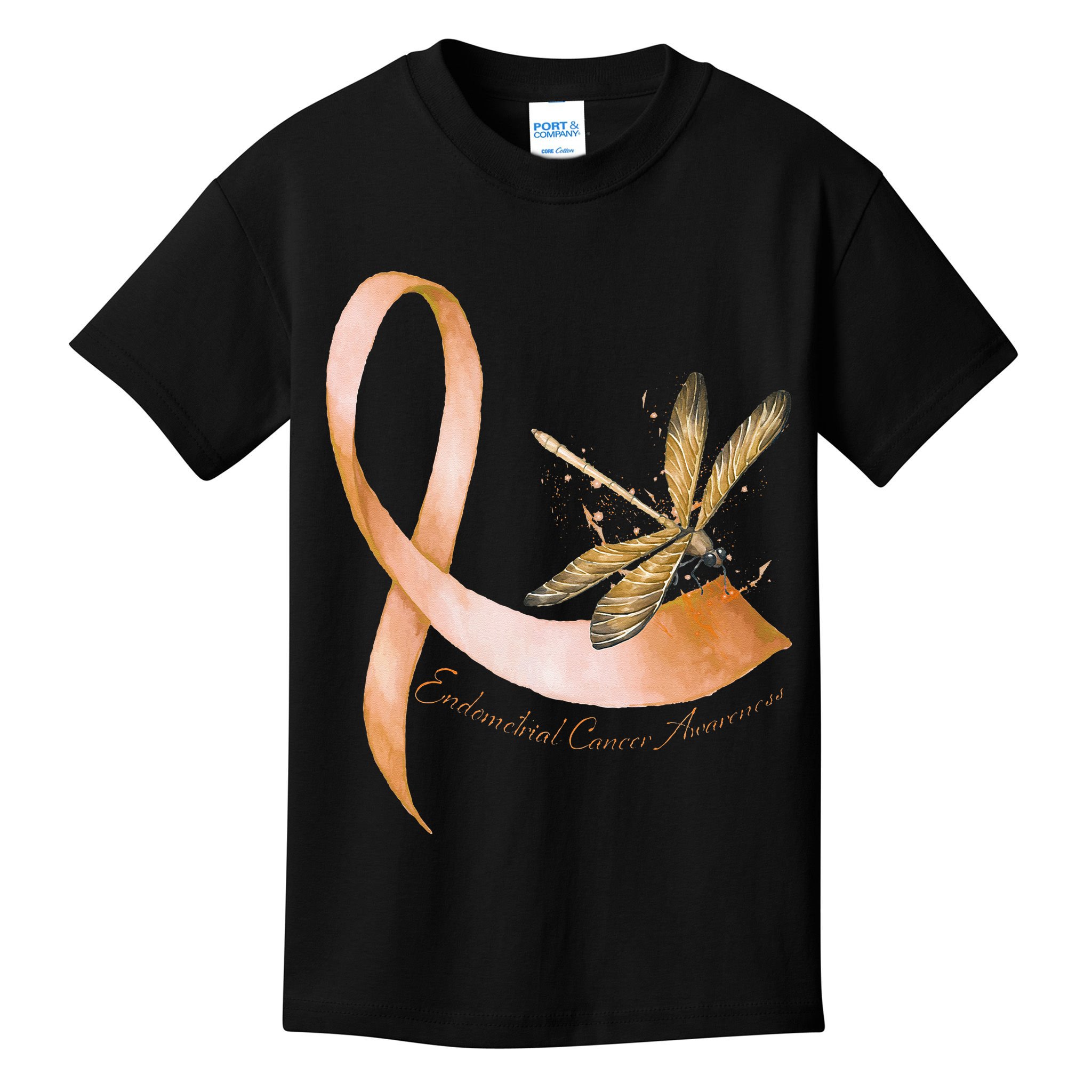 Hippie Dragonfly Peach Ribbon Endometrial Cancer Awareness Kids T-Shirt