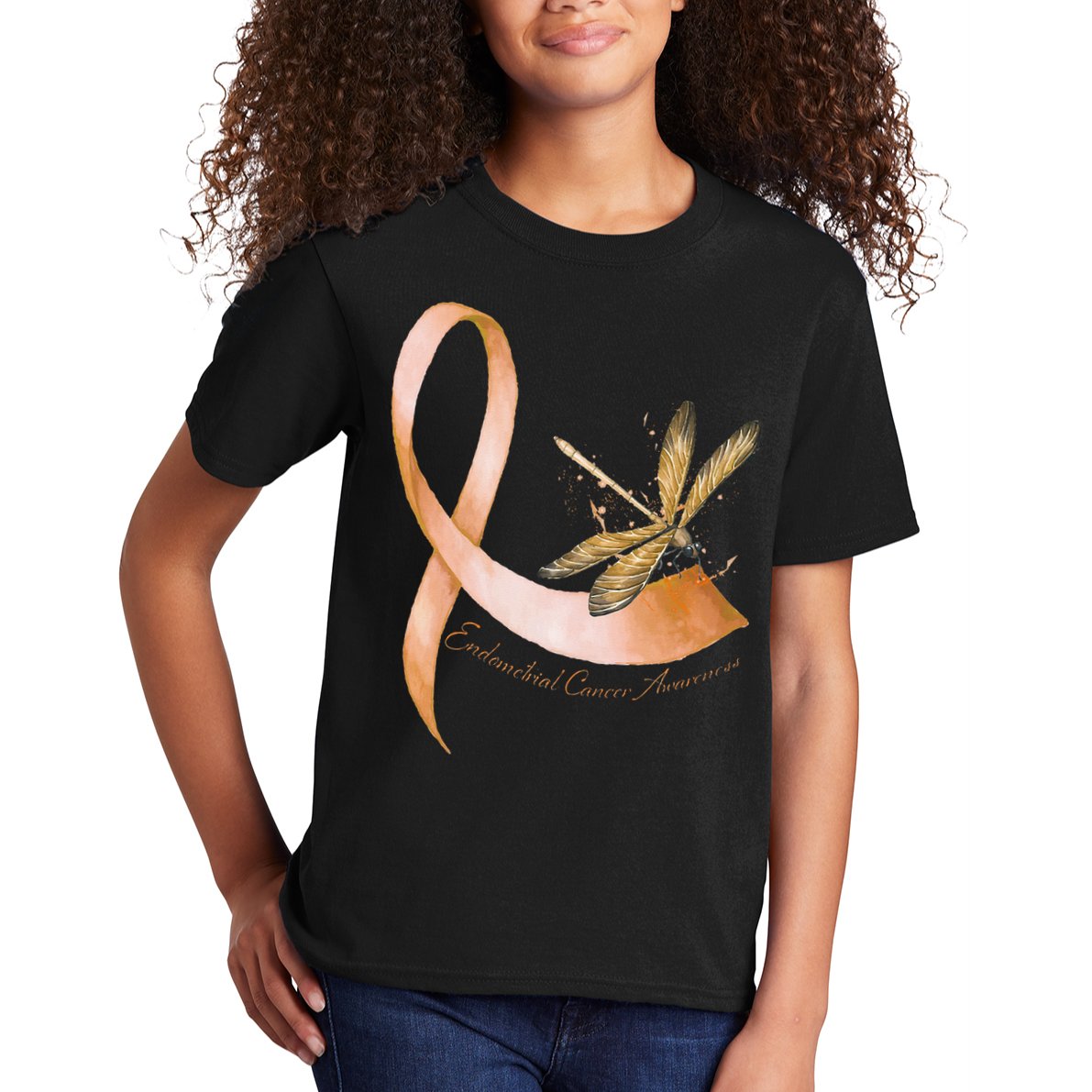 Hippie Dragonfly Peach Ribbon Endometrial Cancer Awareness Kids T-Shirt