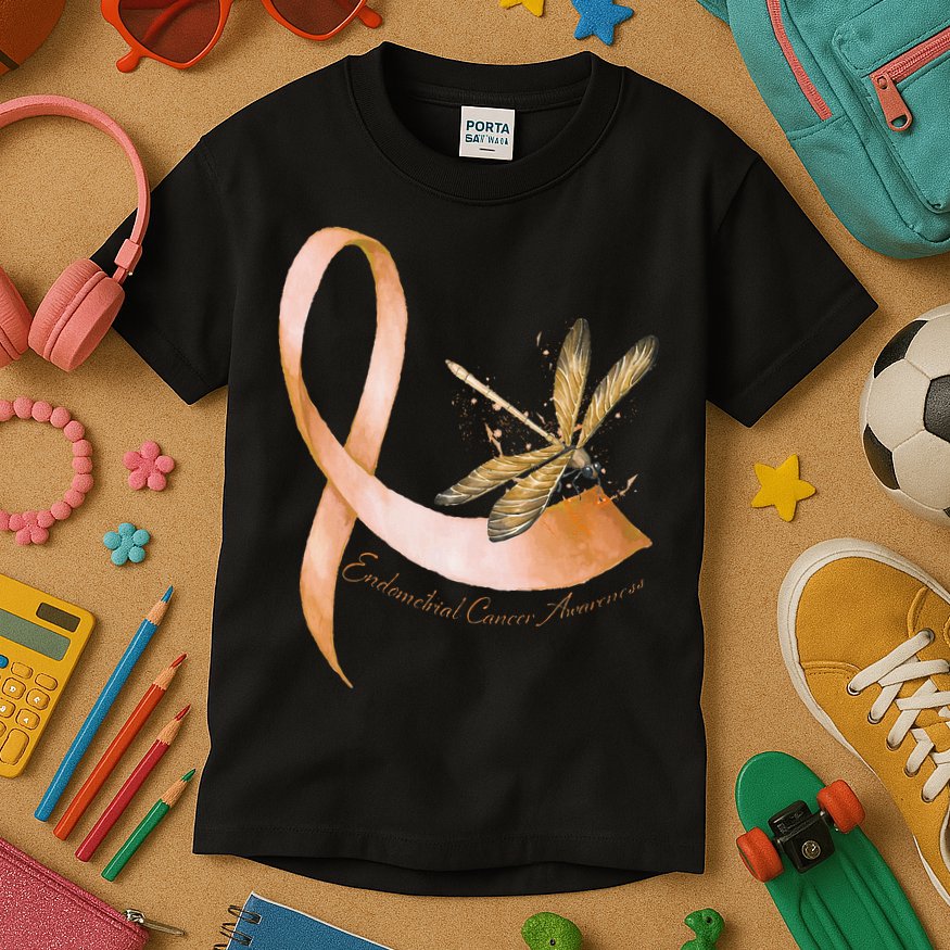 Hippie Dragonfly Peach Ribbon Endometrial Cancer Awareness Kids T-Shirt