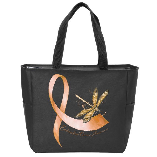 Hippie Dragonfly Peach Ribbon Endometrial Cancer Awareness Zip Tote Bag