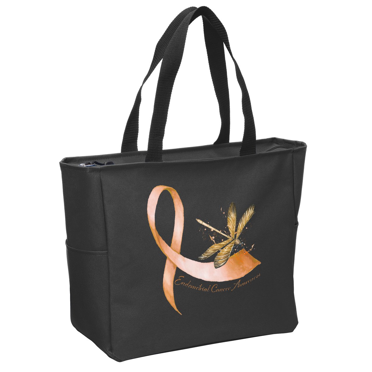 Hippie Dragonfly Peach Ribbon Endometrial Cancer Awareness Zip Tote Bag