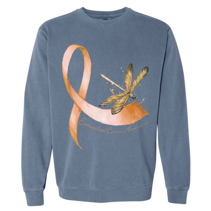Hippie Dragonfly Peach Ribbon Endometrial Cancer Awareness Garment-Dyed Sweatshirt