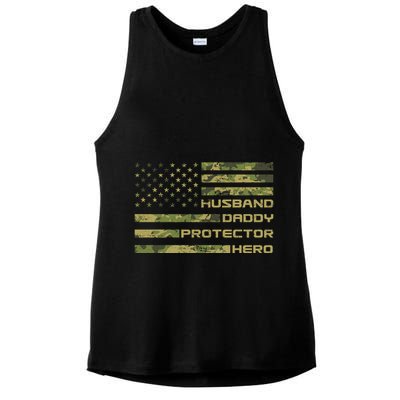 Husband Daddy Protector Hero Camouflage Usa Flag Ladies PosiCharge Tri-Blend Wicking Tank