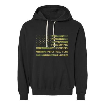 Husband Daddy Protector Hero Camouflage Usa Flag Garment-Dyed Fleece Hoodie