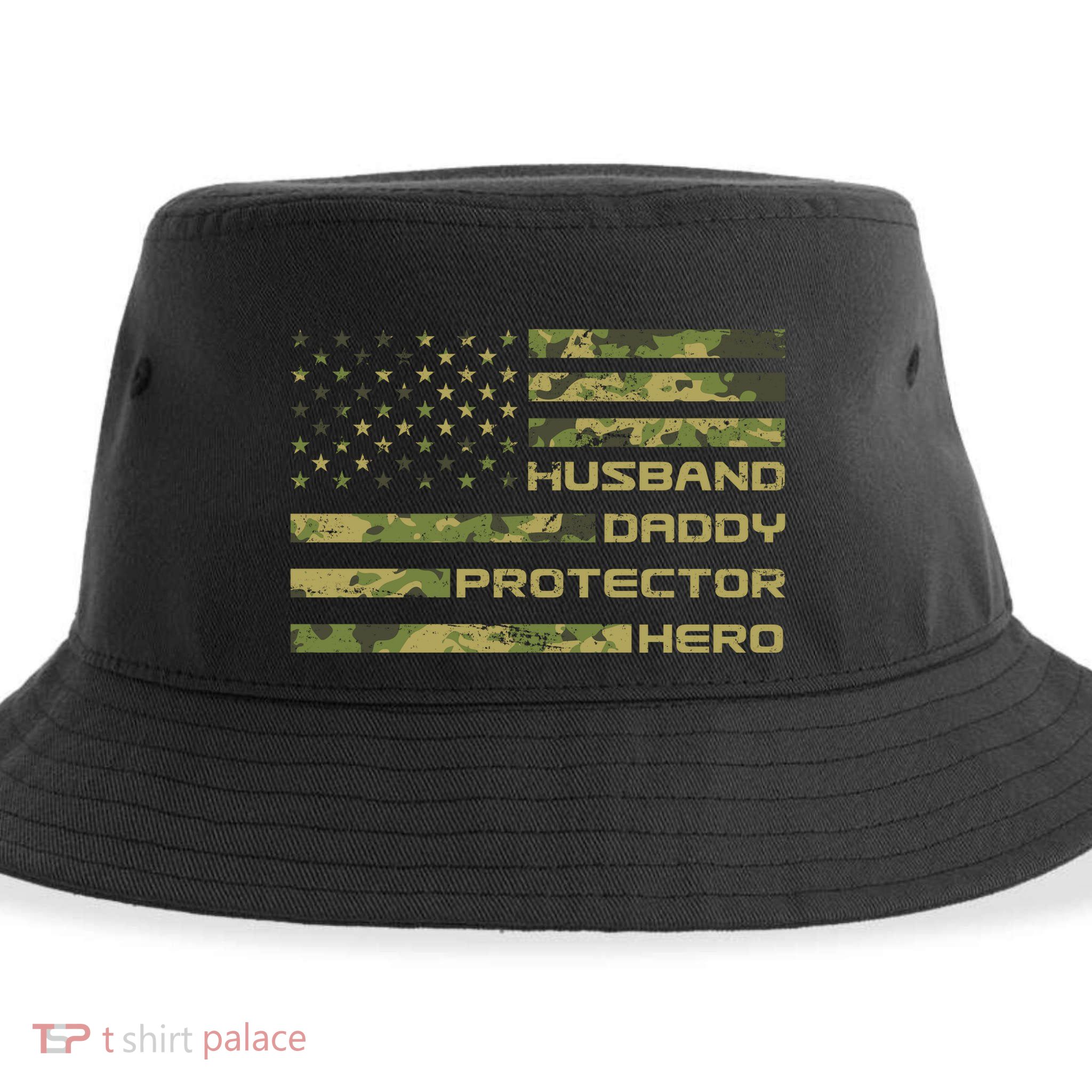 Husband Daddy Protector Hero Camouflage Usa Flag Sustainable Bucket Hat