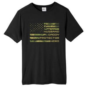 Husband Daddy Protector Hero Camouflage Usa Flag Tall Fusion ChromaSoft Performance T-Shirt