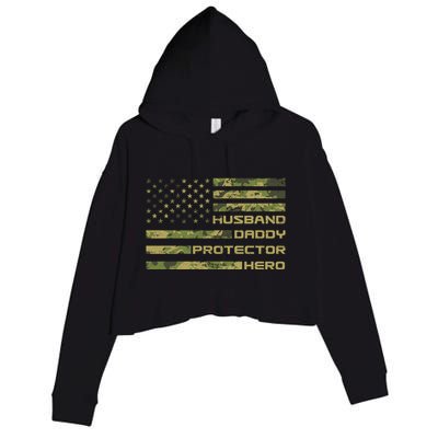 Husband Daddy Protector Hero Camouflage Usa Flag Crop Fleece Hoodie