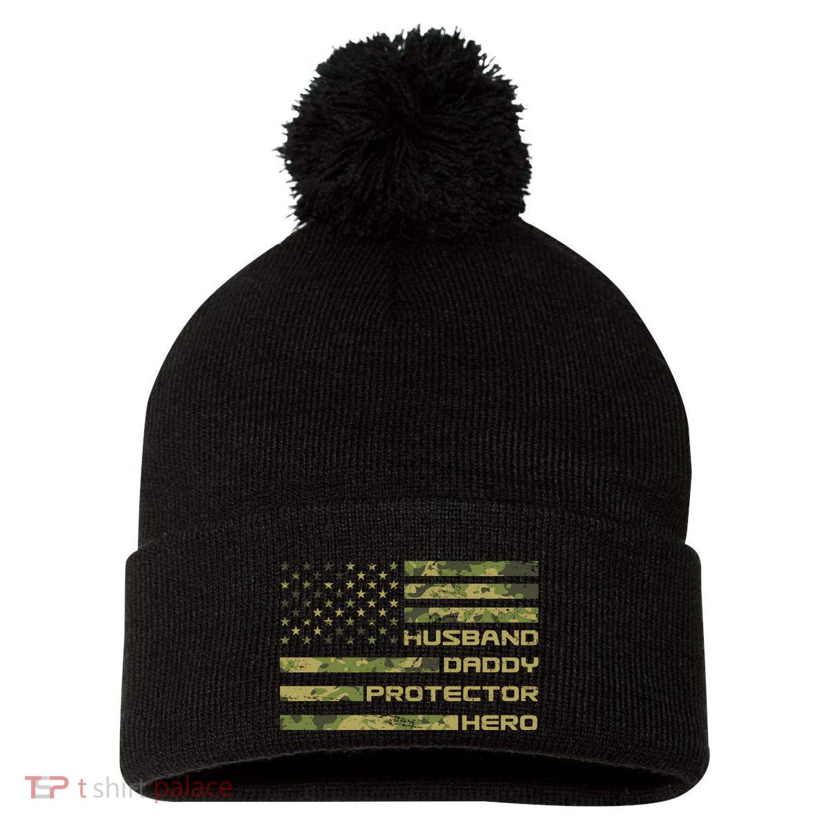 Husband Daddy Protector Hero Camouflage Usa Flag Pom Pom 12in Knit Beanie