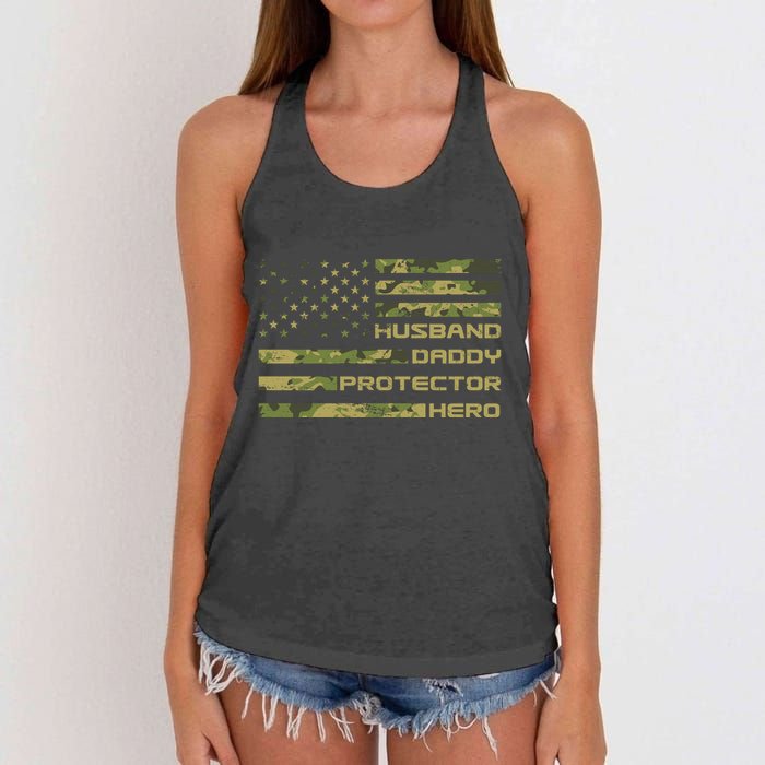 Husband Daddy Protector Hero Camouflage Usa Flag Women's Knotted Racerback Tank