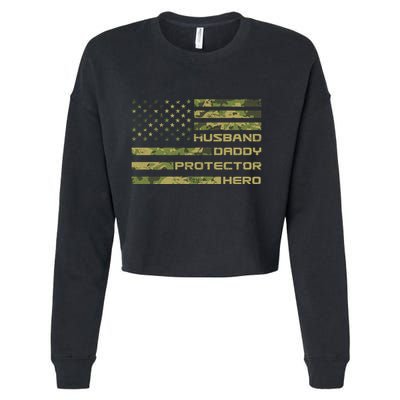 Husband Daddy Protector Hero Camouflage Usa Flag Cropped Pullover Crew