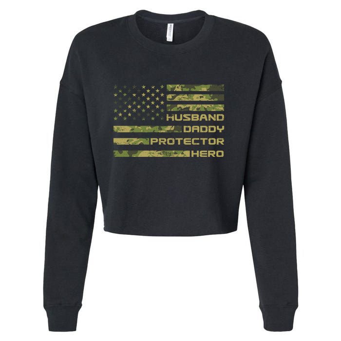 Husband Daddy Protector Hero Camouflage Usa Flag Cropped Pullover Crew