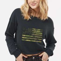 Husband Daddy Protector Hero Camouflage Usa Flag Cropped Pullover Crew