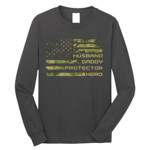 Husband Daddy Protector Hero Camouflage Usa Flag Long Sleeve Shirt