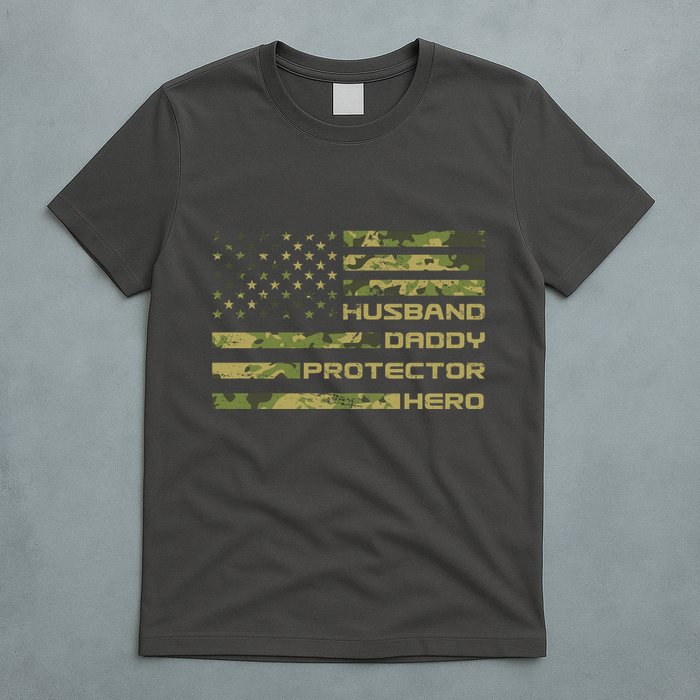 Husband Daddy Protector Hero Camouflage Usa Flag T-Shirt