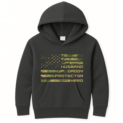 Husband Daddy Protector Hero Camouflage Usa Flag Kids Hoodie