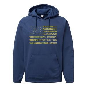 Husband Daddy Protector Hero Camouflage Usa Flag Performance Fleece Hoodie