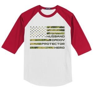 Husband Daddy Protector Hero Camouflage Usa Flag Kids Colorblock Raglan Jersey