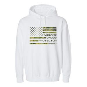 Husband Daddy Protector Hero Camouflage Usa Flag Garment-Dyed Fleece Hoodie