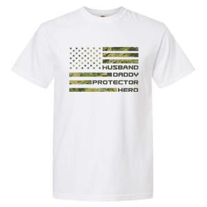 Husband Daddy Protector Hero Camouflage Usa Flag Garment-Dyed Heavyweight T-Shirt