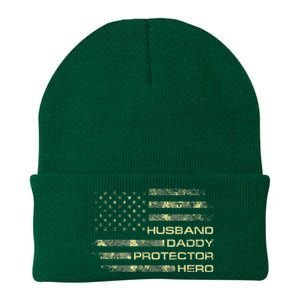 Husband Daddy Protector Hero Fathers Day Camo American Flag Knit Cap Winter Beanie