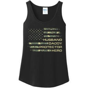  Husband Daddy Protector Hero Fathers Day Camo American Flag Ladies Essential Tank