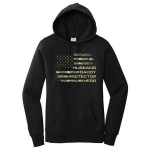  Husband Daddy Protector Hero Fathers Day Camo American Flag Women's Pullover Hoodie