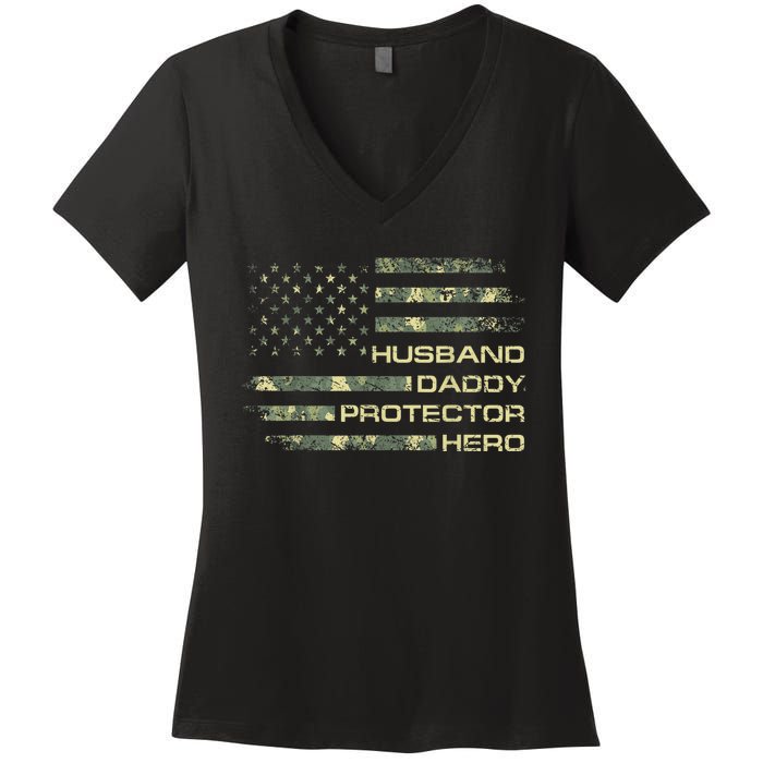  Husband Daddy Protector Hero Fathers Day Camo American Flag Women's V-Neck T-Shirt