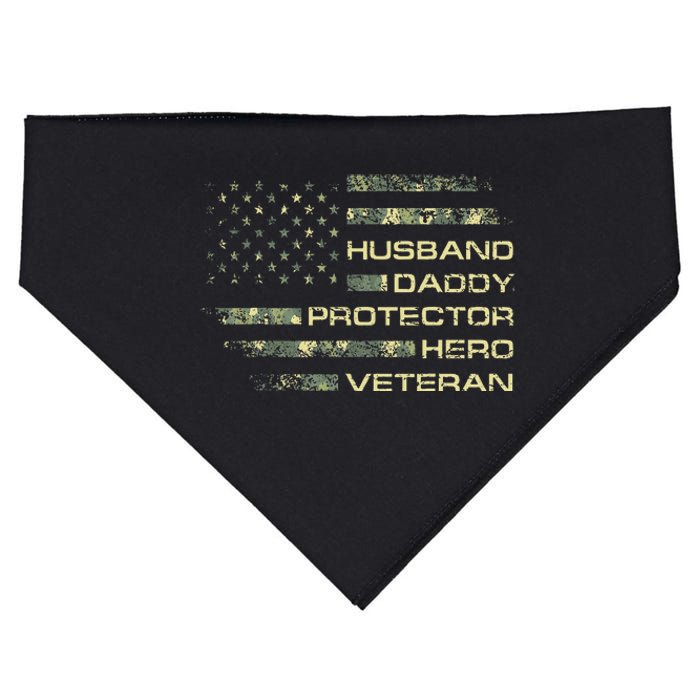 Husband Daddy Protector Hero Veteran USA Flag Camouflage Dad USA-Made Doggie Bandana