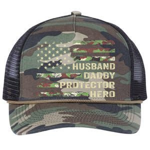 Husband Daddy Protector Hero Fathers Day Camo American Flag Retro Rope Trucker Hat Cap