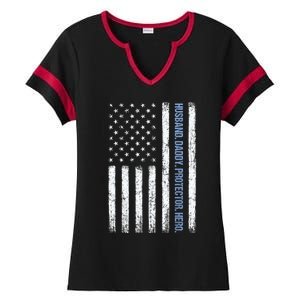 Husband Daddy Protector Hero Us American Flag FatherS Day Ladies Halftime Notch Neck Tee