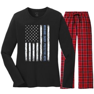 Husband Daddy Protector Hero Us American Flag FatherS Day Women's Long Sleeve Flannel Pajama Set 