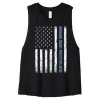 Husband Daddy Protector Hero Us American Flag FatherS Day Women's Racerback Cropped Tank