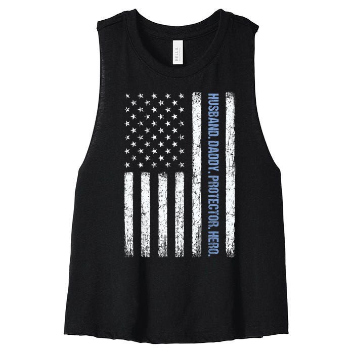 Husband Daddy Protector Hero Us American Flag FatherS Day Women's Racerback Cropped Tank