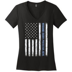 Husband Daddy Protector Hero Us American Flag FatherS Day Women's V-Neck T-Shirt