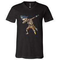 Halloween Dabbing Pirate Skeleton V-Neck T-Shirt