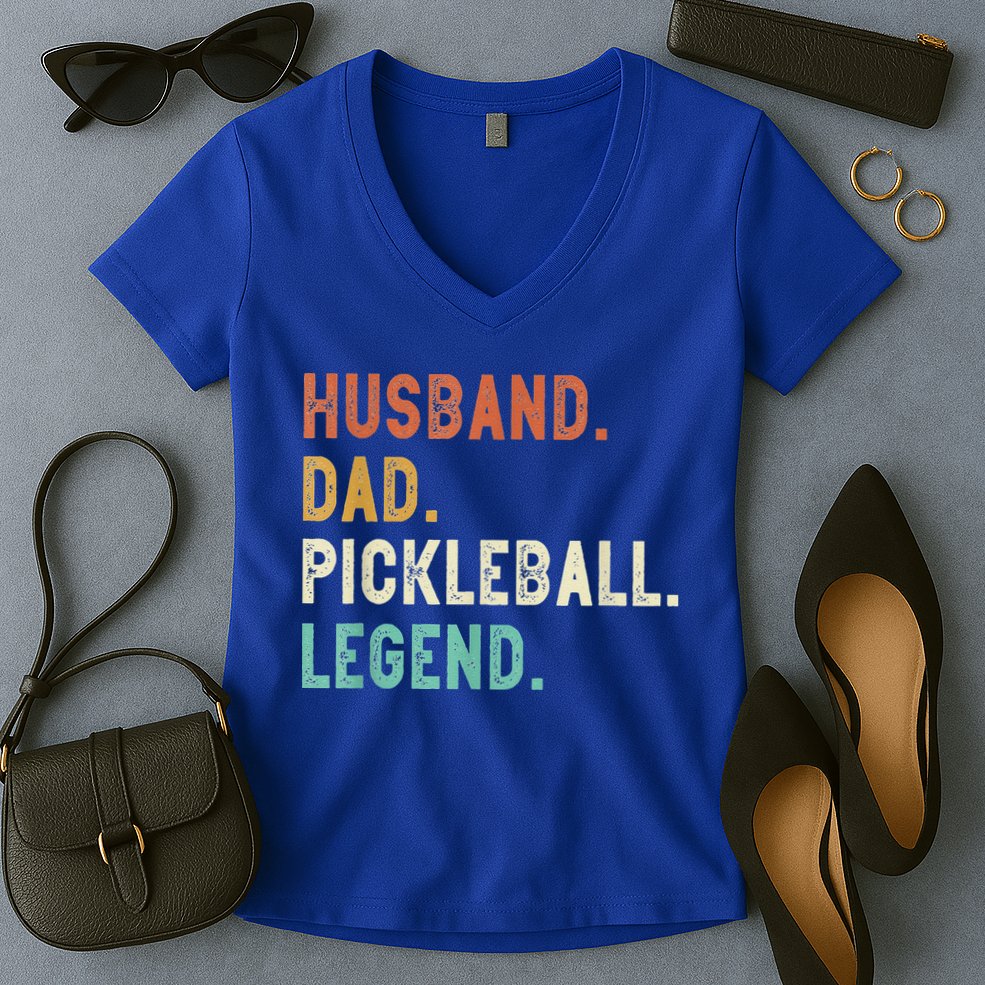 Husband Dad Pickleball Legend Funny Dad Pickleball Women's V-Neck T-Shirt