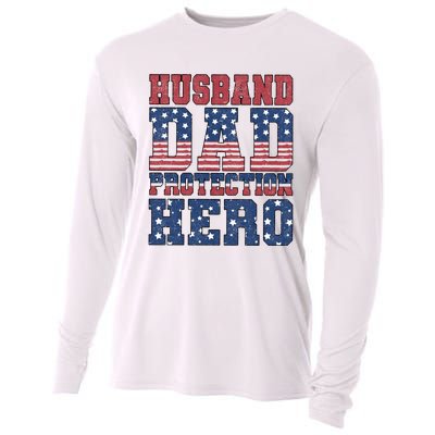 Husband Dad Protection Hero America Flag Cooling Performance Long Sleeve Crew