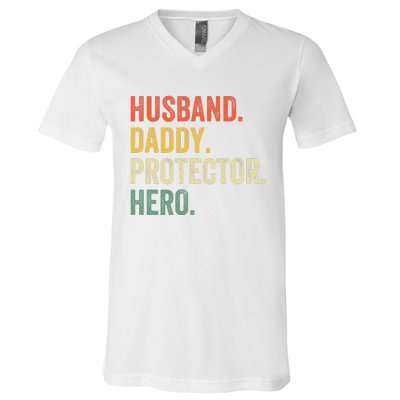 Husband Daddy Protector Hero Father's Day Vintage Retro V-Neck T-Shirt