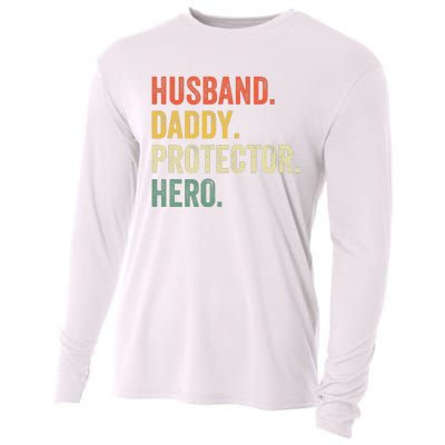 Husband Daddy Protector Hero Father's Day Vintage Retro Cooling Performance Long Sleeve Crew