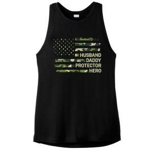 Husband Daddy Protector Hero Camouflage Flag Dad Fathers Day Ladies PosiCharge Tri-Blend Wicking Tank