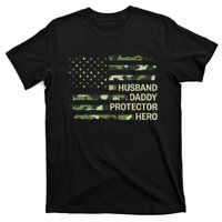 Husband Daddy Protector Hero Camouflage Flag Dad Fathers Day T-Shirt