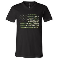 Husband Daddy Protector Hero Camouflage Flag Dad Fathers Day V-Neck T-Shirt