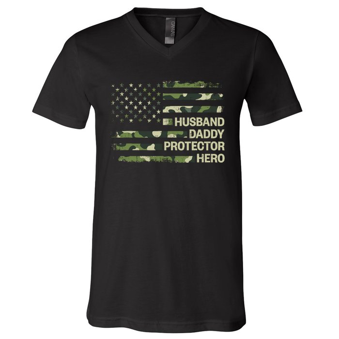 Husband Daddy Protector Hero Camouflage Flag Dad Fathers Day V-Neck T-Shirt