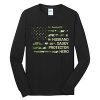 Husband Daddy Protector Hero Camouflage Flag Dad Fathers Day Tall Long Sleeve T-Shirt