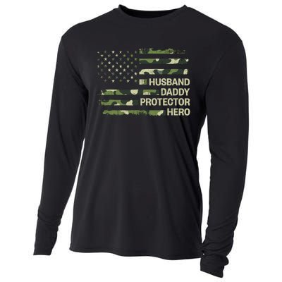 Husband Daddy Protector Hero Camouflage Flag Dad Fathers Day Cooling Performance Long Sleeve Crew