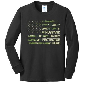 Husband Daddy Protector Hero Camouflage Flag Dad Fathers Day Kids Long Sleeve Shirt