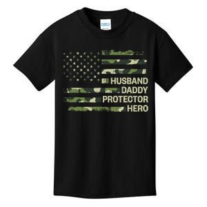 Husband Daddy Protector Hero Camouflage Flag Dad Fathers Day Kids T-Shirt