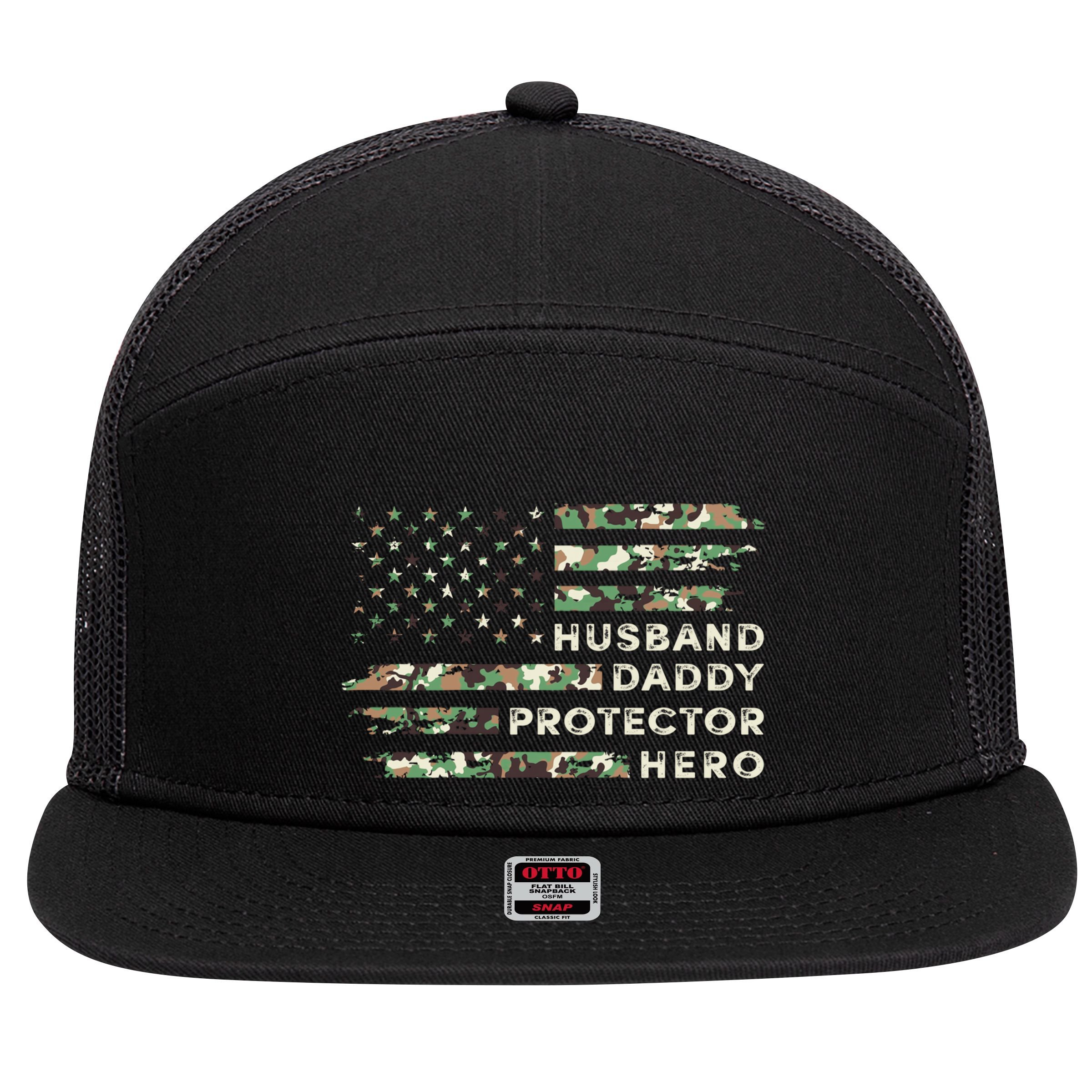 Husband Daddy Protector Hero Camouflage Flag Fathers Day Great Gift 7 Panel Mesh Trucker Snapback Hat