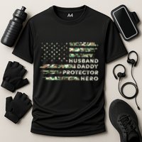 Husband Daddy Protector Hero Camouflage Flag Fathers Day Great Gift Cooling Performance Crew T-Shirt