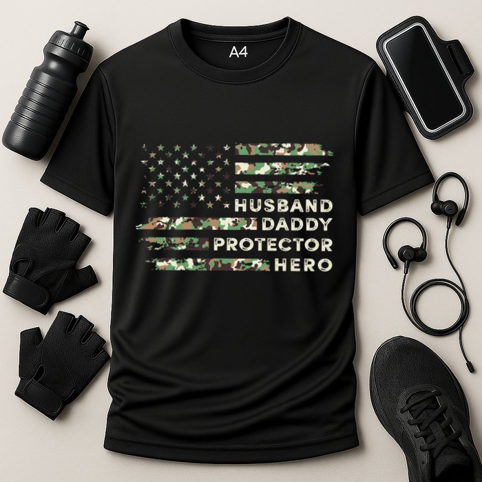 Husband Daddy Protector Hero Camouflage Flag Fathers Day Great Gift Cooling Performance Crew T-Shirt